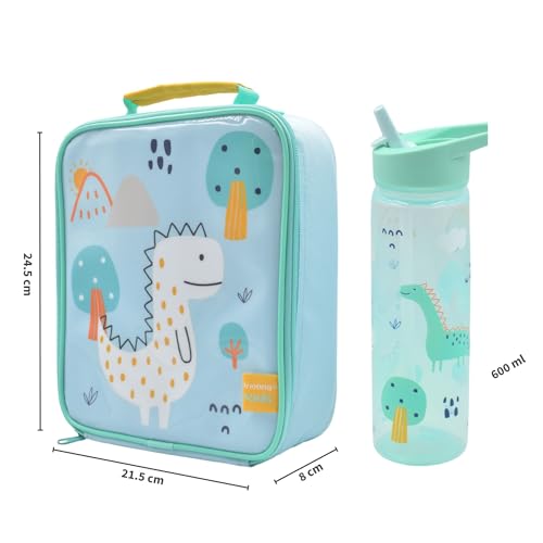 Kichna Kids Doodle Dino Insulated Lunch Bag and Water Bottle Set Childrens Cooler Bag and Water Bottle with Flip Up Spout Straw - Image 4