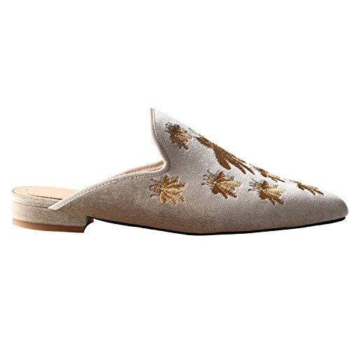 Image of Fericzot Women's Velvet Backless Pointed Toe Slip On Loafers Flats Embroidery Mule Slippers Shoes