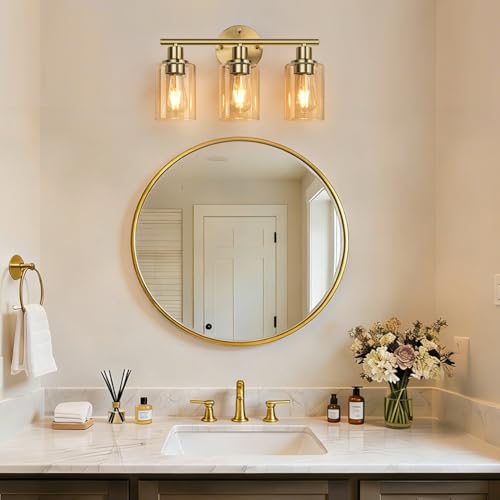 Image of Zarbitta 3-Light Bathroom Light Fixtures, Brushed Gold Vanity Light, Farmhouse Wall Lights with Amber Glass Shades, Bathroom Wall Lamp for Mirror Kitchen Bedroom Hallway Living Room