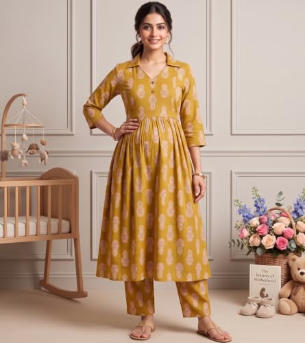 Image of DUMMY SHAPE Maternity Dresses for Women Cotton | Floral Kurta Pant Dupatta Set with Nursing Zippers, Side Pocket | Pre & Post Pregnancy | Feeding Kurti Suit | Baby Shower | Gifts for Pregnant Woman