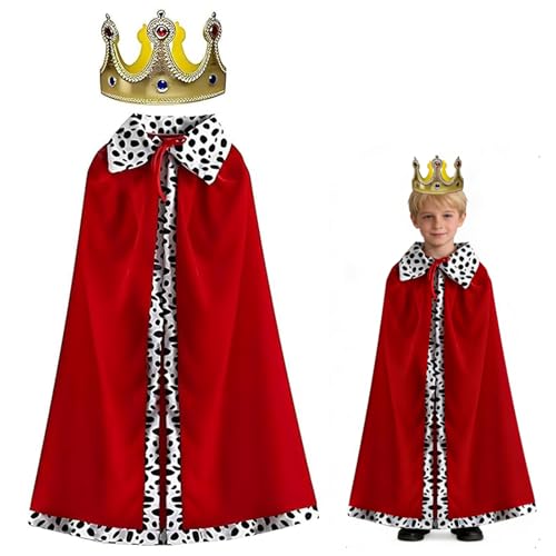 PcvGef Verkleidungskiste Für Kinder, König Kostüm Mit Rotem Umhang Und Goldener Krone, Mittelalterliches Verkleidungsset Für Halloween, Karneval, Theateraufführungen, 90cm Umhang, 55cm Krone