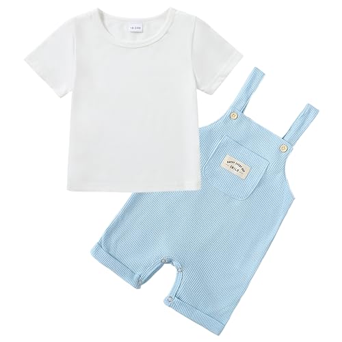 Image of ZOEREA Toddler Baby Boys Clothes Summer Outfit Stripe T-Shirt and Shortall Romper Set Cute Jumpsuit Solid Color 6M-4T