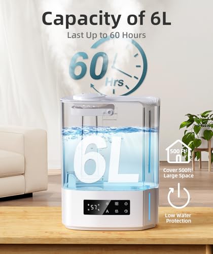 BREEZOME 6L Humidifiers for Bedroom Large Room, Ultrasonic Top Fill Cool Mist Humidifier & Essential Oil Diffuser with Smart Humidistat Control, Last up to 60 Hours, Ideal for Plants, Baby Nursery - Image 5