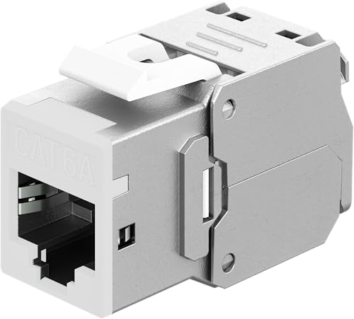 goobay RJ45 Kupplung Keystone RJ45 LAN Kabel Verbinder - Slim STP Modul, 16,6 mm breit, werkzeugfreie LSA-Montage, CAT 6A, PoE+ tauglich, Zink-Druckgussgehäuse, 10-Gigabit Ethernet, weiß - 77949