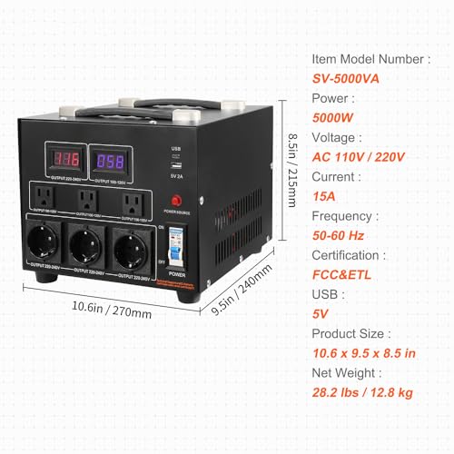 Image of VEVOR Voltage Converter Transformer, 5000W, Heavy Duty Step Up /Down Transformer, Convert from 110 Volt to 220 Volt and from 220 Volt to 110 Volt, with US Outlet EU Outlet 5V USB Port, CE Certified