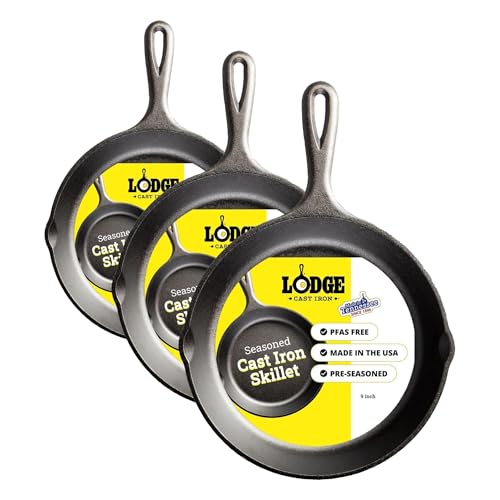 Image of Lodge Seasoned Cast Iron Skillet 9 Inches - PFAS-Free, Non-Toxic Cookware - Use with an Oven, Stove, Grill, or Campfire - Naturally Non-Stick & Oven Safe (Pack of 3)