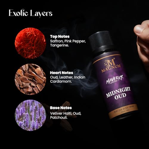 Image of Magnum Maverick Midnight Oud Perfume Body Spray for Men - Exotic Oud, Rose & Saffron Scent for Date Night | Seductive Long-Lasting Arabic Fragrance | 150ml