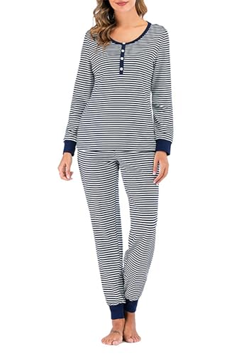 Pyjama 2 pièces pour femmes ensemble de nuit bleu marine à manches longues taille L