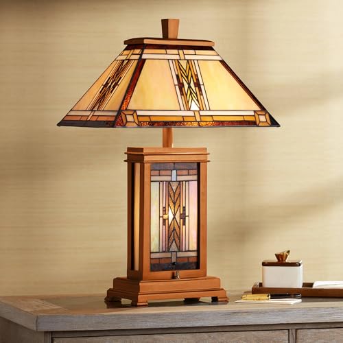 Robert Louis Tiffany Walnut Mission Collection Rustic Table Lamp with Nightlight 27" Tall Wood Base Tiffany Style Antique Stained Art Glass Shade for Living Room Bedroom House Bedside Nightstand
