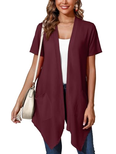 Image of Women's Lightweight Open Front Cardigans Short Sleeve Casual Soft Sheer Cardigan S-2XL with Pockets