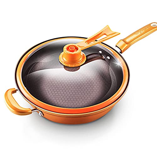 RXDRO Wok SartéN Antiadherente con Estructura De Nido De Abeja, Sin Recubrimiento Cocina DoméStica Wok Profesional, para Diversas Fuentes De Calor, FáCil De Limpiar (Dorado) Cover
