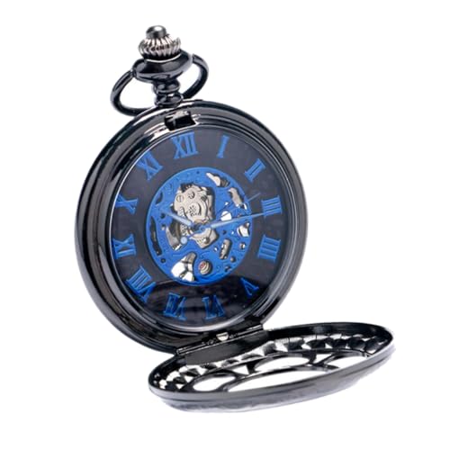 Montre de poche mécanique squelette noire avec chaîne rétro et chiffres romains