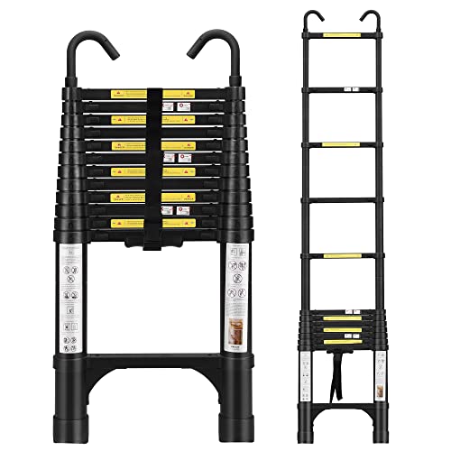 Telescoping Ladder 12.5 FT with 2 Detachable Roof Hooks Aluminum Telescopic Extension Ladder with 2 Triangle Stabilizers, Multi-Purpose Collapsible Ladder for Household and Outdoor Working