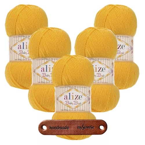 Alize Baby Best Premium Soft Wool for Knitting and Crocheting - Antipilling Hand Knitting Wool for Baby Clothes, Hats and Baby Blankets as Knitting Wool or Crochet Wool - 5 x 100 g Dark Yellow 216