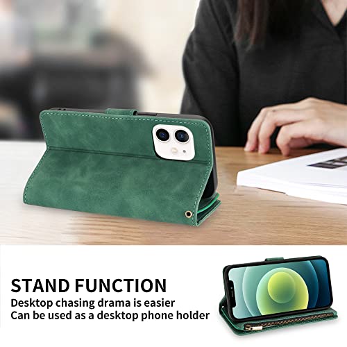 ZZXX for iPhone 12 Mini Wallet Case with Card Slot Premium Soft PU Leather Zipper Flip Folio Wallet with Wrist Strap Kickstand Protective for iPhone 12 Mini Case Wallet(Green 5.4 inch) by ZZXX - Image 6
