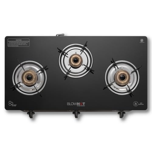Image of BLOWHOT 3 Burner Manual Ignition Gas Stove | Tri -Pin Indian Brass Burners | Stainless Steel Dip Tray - 2 Year Warranty on Gas Stove - Majesty