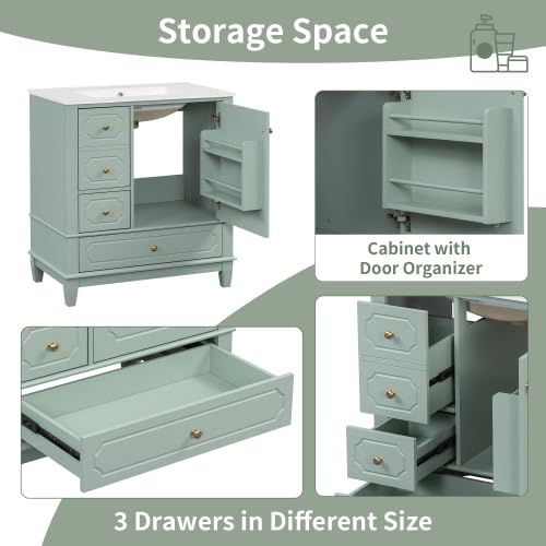 Image of Bellemave 30 inch Bathroom Vanity with Ceramic Sink & 3 Drawers, Bathroom Cabinet with Storage Shelves & Solid Wood Base, Freestanding Vanity Cabinet with Soft-Close Door with Organizer (Light Green /30)