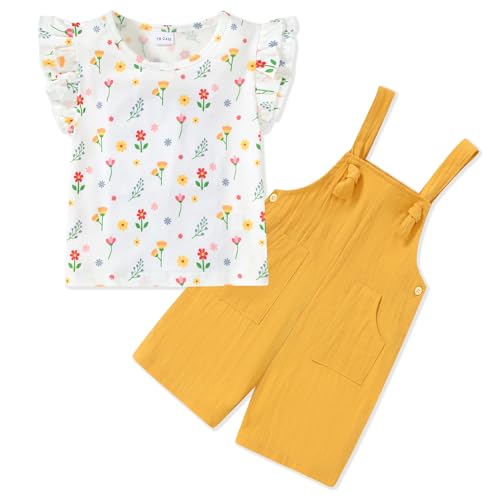 WESIDOM Toddler Girl Clothes Ruffle Sleeve Floral T-Shirt+Solid Color Overall Shorts with Pocket Toddler Girls Outfits(Yellow,3-4T)