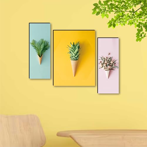 Image of SAF Modern Abstract Wall Painting - 3 Panel Ice Cream Cone Art with Leaves, Pineapple & Flowers | Quirky Contemporary Wall Decor for Living Room, Bedroom, Cafe, Office (20 x 12 Inch) JM-36112