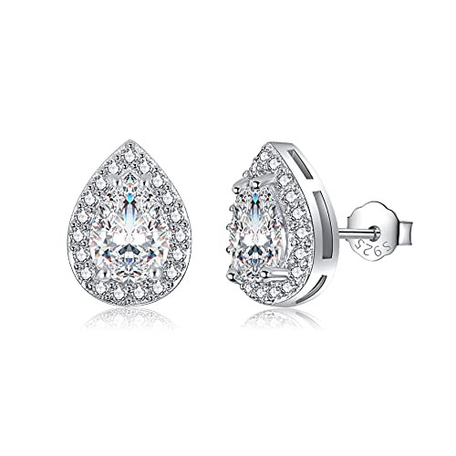 Image of CERSLIMO Silver Stud Earrings for Women Girls, Round Faux Diamond Halo Earrings | Rectangle Teardrop Cubic Zirconia Stud Earrings - Dainty Bridal Earrings Jewelry for Brides Bridesmaids Wedding