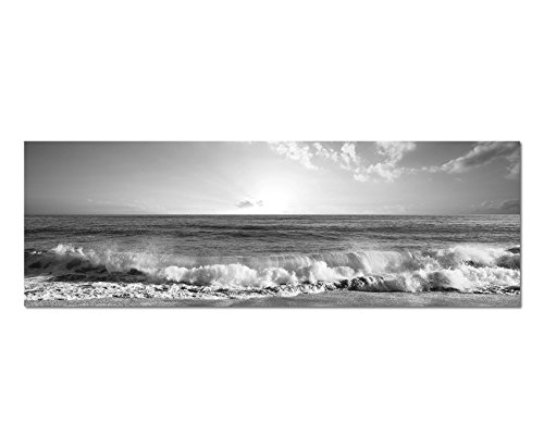 Photo panoramique sur toile - Noir/blanc - 120 x 40 cm - Mer, plage, vagues, coucher de soleil, nuages