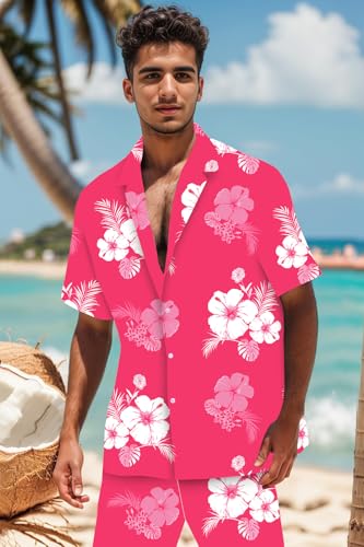 Image of Cromoncent Boy and Men Hawaiian Outfits Short Sleeve Shirts and Shorts Hawaiian Suits Beach Tropical 2 Pcs Vacation Sets