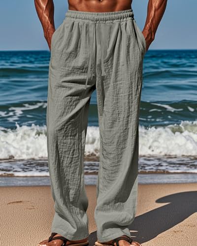 Men's Elastic Waist Cotton Pants Loose Straight Leg Casual Pants with Drawstring Lightweight Trousers2