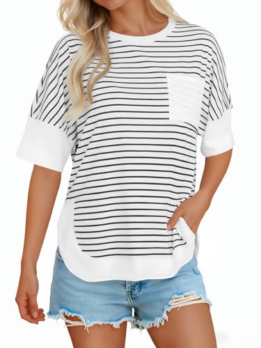 Yousify Womens Striped T-Shirts Summer Short Sleeve Tops Casual Loose Fit Crew Neck Tee Shirts