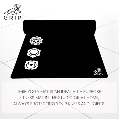 Image of GRIP Yoga Mat | Exercise Mat | 36 x 75 Inches | 12mm Thick | 7 Chakras Design | Anti-Slip | Home & Gym | Men & Women | Black Color