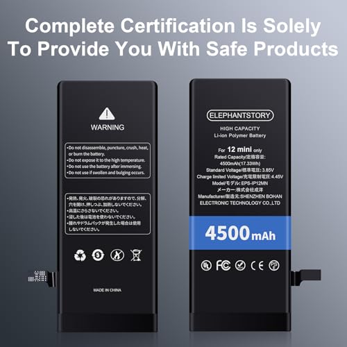 Elephantstory Akku für iPhone 12 Mini, 4500 mAh Hohe Kapazität Ersatzakku Lithium Polymer Akku mit Reparatur Werkzeugsatz und Anleitung Buch