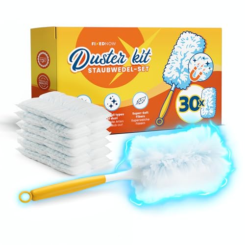 FixedNow 30er XXL Staubmagnet Nachfüllpack Tücher Set für Swiffer Duster I Staubwedel Starterset Kit inkl. Stab & Griff I Staub Wischer Ersatztücher, Refill Staubtücher für Haushalt & Auto