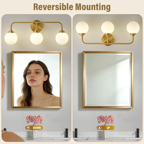 Image of Bathroom Light Fixtures - 3 Light Brushed Brass Vanity Light Over Mirror for Bathroom Mirror Living Room Bedroom, Gold Bathroom Wall Sconce with Frosted Glass Shade, 3 G9 Bulbs Included