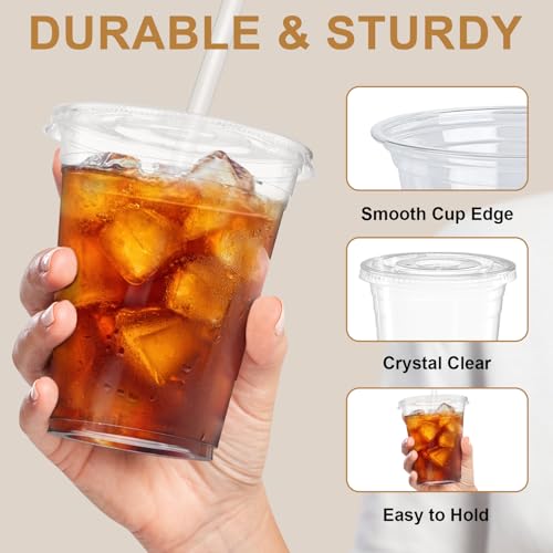 Clawsoff 12 oz 100 Pack Plastic Cups with Lids and Straws, Sturdy Food Safe Iced Clear Coffee Cups Disposable Smoothie Cups for Cold Drinks