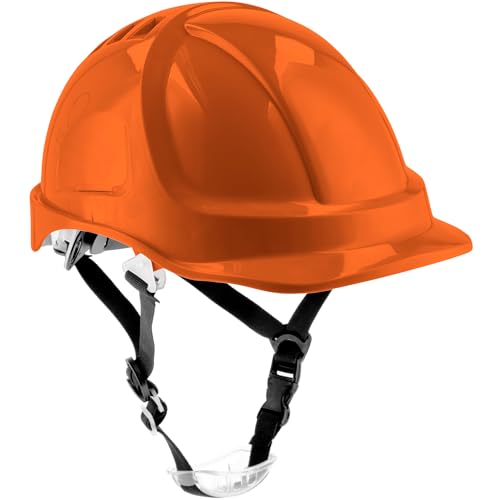 HÖGERT TECHNIK Casque de protection PLONER orange, casque de construction en ABS, EN 397, système à cliquet, ventilation, mentonnière, casque de travail pour chantier et industriel, casque de sécurité