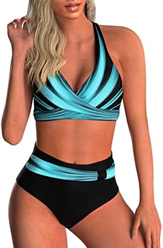 SEAFORM Womens Two Piece Swimsuits Wrap Front Bikini High Waisted Bottom Tummy Control Bathing Suits Vintage Print Swimwear Blue Stripes