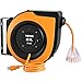 VEVOR Retractable Extension Cord Reel, 65 FT, Heavy Duty 12AWG/3C SJTOW Power Cord, with Lighted Triple Tap Outlet, 15 Amp Circuit Breaker, 180° Swivel Bracket for Ceiling or Wall Mount
