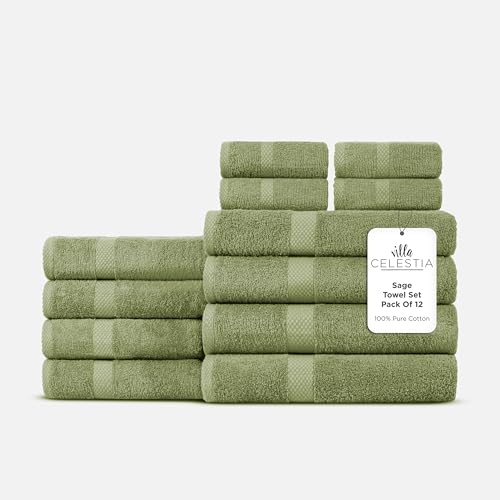 Image of 12-Piece 100% Cotton Towel Set, 4 Bath Towels, 4 Hand Towels, 4 Wash Cloth, Quick-Dry, Sage