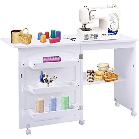 GIANTEX Folding Sewing Table Sewing Machine Table with Wheels Multi-Purpose Table for Living Room Study Bedroom White Cover