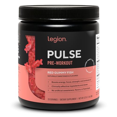 Image of LEGION Pulse - All Natural Nitric Oxide Preworkout Drink to Boost Energy, Creatine Free, Naturally Sweetened, Beta Alanine, Citrulline, Alpha GPC (Red Gummy Fish)