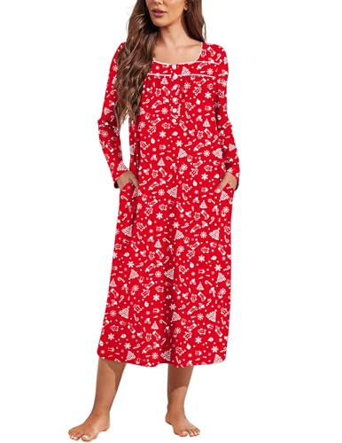 Ekouaer Womens Long Sleeve Nightgowns Long Sleep Shirts Henley Night Shirts Full Length Nightgown