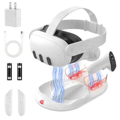 GEEKERA Charging Dock for Meta Quest 3, Fast Charging Stand for Quest 3 with RGB Lights, 2 Rechargeable Batteries, Magnetic VR Accessories Charger for Oculus 3 VR Headset and Elite Strap