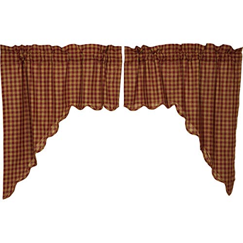 VHC-Brands-Burgundy-Check-Primitive-36x36x16-Swag-Pair-Red-Rod-Pocket-Cotton-Kitchen-Window-Curtains VHC Brands Burgundy Check Primitive 36x36x16 Swag Pair Red Rod Pocket Cotton Kitchen Window Curtains