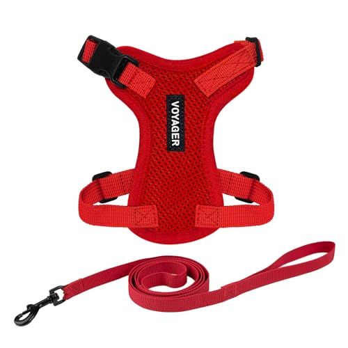 Image of Voyager Escape-Proof Step-in Lock Cat Harness & 5ft Neoprene-Handle Leash Set All-Weather Mesh with Reflective Stitching for Small to Large Cats by Best Pet Supplies, Red, XS