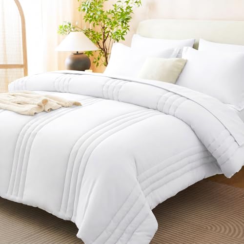 Image of CozyLux Full Size Comforter Sets White - 7 Pieces Bed in a Bag, Modern Vertical Quilted Room Decor, Soft All-Season Bedding Gift with Comforter, Sheets, Pillowcases & Shams