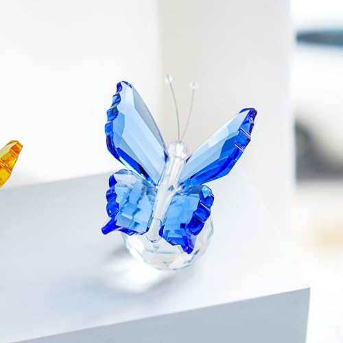 H&D Crystal Flying Butterfly with Crystal Ball Base Figurine Collection Cut Glass Ornament Statue Animal Collectible (Blue)