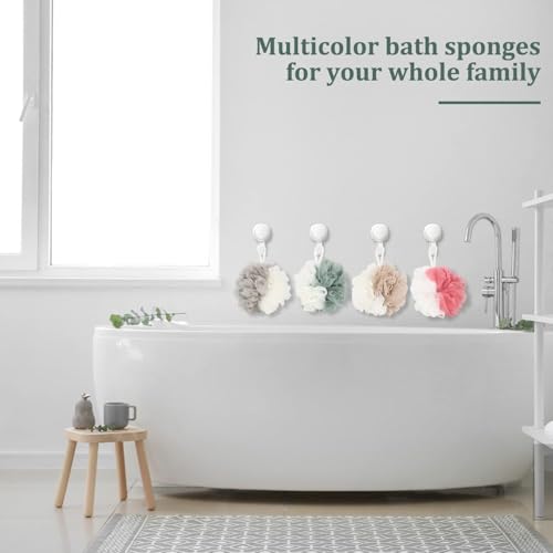 Image of Loofah Sponge Shower Loofahs 4 Colors Bath Sponges Body Scrubbers | Mesh Balls Luffa for Rich Lather Exfoliating Wash Back Scrubber Bathroom Men Women 4 Pack Cleaning Bathing Accessories