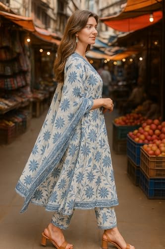Image of Yashika Women's Cotton Blend Printed Kurta with Pant & Dupatta| Kurta with Pants and Dupatta Set
