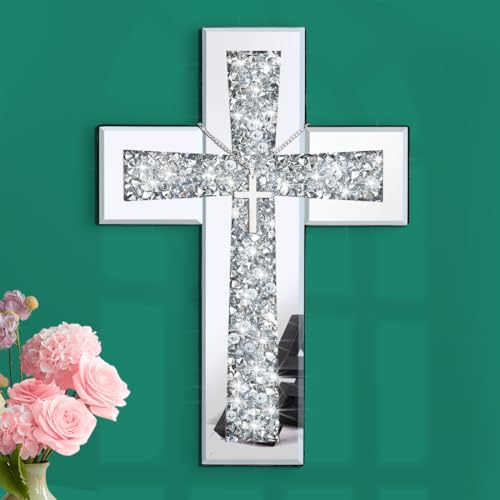 Aeveco Cross Wall Decor, Silver Mirrored Cross for Living Room, Crystal Crush Diamond Mirror Crosses, Religious Wall Art, Home Decor