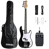 Full size 4strings electric bass guitar kit package black color with 5W portable plug and play amplifier travel amp set with strap gig bag bundle for beginner starter practice (BKPB-30)