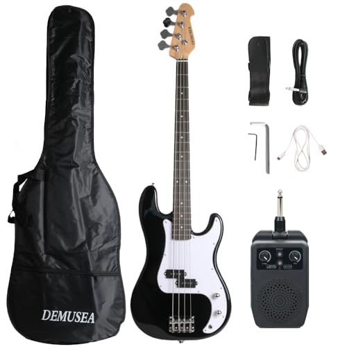 Full size 4strings electric bass guitar kit package black color with 5W portable plug and play amplifier travel amp set with strap gig bag bundle for beginner starter practice (BKPB-30)
